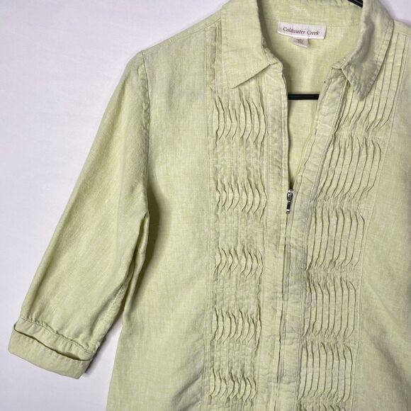 100% Linen Pintuck Zip Blouse Light Green PM Coastal Cottagecore Lagenlook - Picture 4 of 9